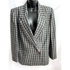 Vintage Michelle Stuart 100% Wool Grey Plaid Checkered Blazer Sz 8 Career Office